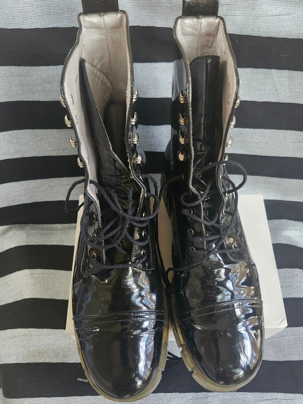 CHARLES JOURDEN Black Patent Leather Lace-Up Women's Combat Boots Size 9.5